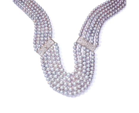 A freshwater cultured pearl and diamond necklace Composed of five graduated rows of grey freshwater cultured pearls, interspe