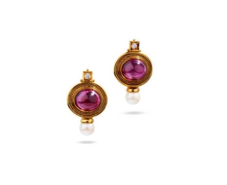 Elizabeth Gage: A pair of gem-set earrings Each oval cabochon pink tourmaline collet-set to an 18ct gold ropetwist frame, wit