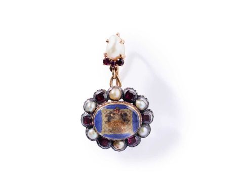 A 17th century 'Stuart crystal' pendent brooch, circa 1680 The oval plaque with hairwork centre on blue ground, applied with 