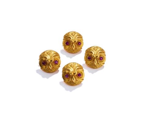 Attributed to Paul Robin: A set of four owl buttons, circa 1880 Each modelled as an owl's head with finely engraved detail an