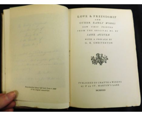 JANE AUSTEN: LOVE AND FREINDSHIP AND OTHER EARLY WORKS NOW PRINTED FROM THE ORIGINAL MS, preface G K Chesterton, London, Chat