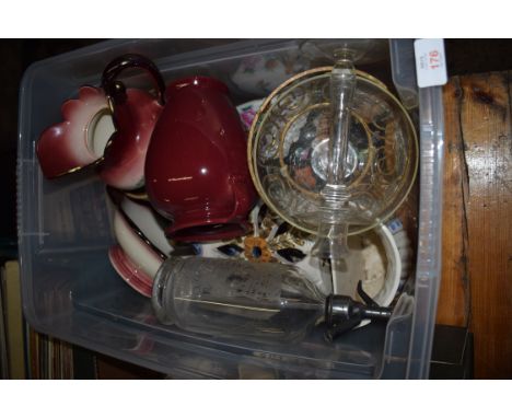 PLASTIC BOX CONTAINING MAINLY GLASS WARES INCLUDING CANDLESTICK, SODA SIPHON, ENGRAVING FOR CALEY LTD, NORWICH AND LONDON