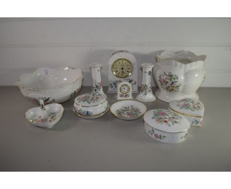 AYNSLEY PEMBROKE WARES COMPRISING JARDINIERE, MANTEL CLOCK, PAIR OF CANDLESTICKS ETC