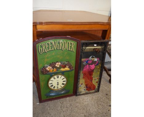 REPRODUCTION PUB SIGN TYPE PANEL WITH INBUILT CLOCK, WIDTH APPROX 46CM TOGETHER WITH A PRINTED MIRROR