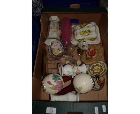 BOX CONTAINING CERAMIC WARES, CHEESE DISH AND COVER, VASES ETC