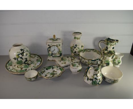 QUANTITY OF MASONS CHARTREUSE PATTERN COMPRISING MANTEL CLOCK, JUGS AND VASES AND PIN DISHES