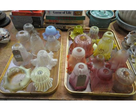 A Collection of Victorian and later oil lamp shades including cranberry and vaseline glass examples. (20)