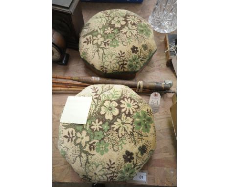 A Pair of Victorian burr walnut upholstered octagonal footstools , a vintage split cane fishing rod and 2 white metal mounted