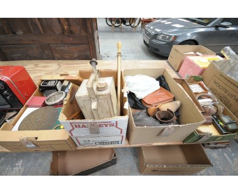 4 Boxes of sundry items including a vintage Valour fuel can, brass spray , old flat irons, table mats, coasters, ladies fans,