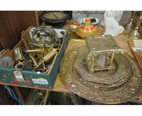 A Qty of brass and plated ware including brass wheel caps stamped " T Colebon & Sons , Liverpool " , circular brass plaques, 