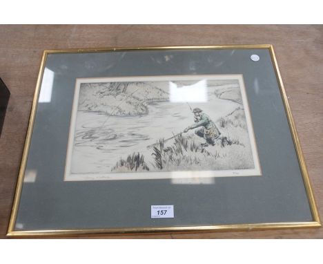 After Henry Wilkinson " Fly fishing "  limited edition coloured print, signed in pencil by the artist.