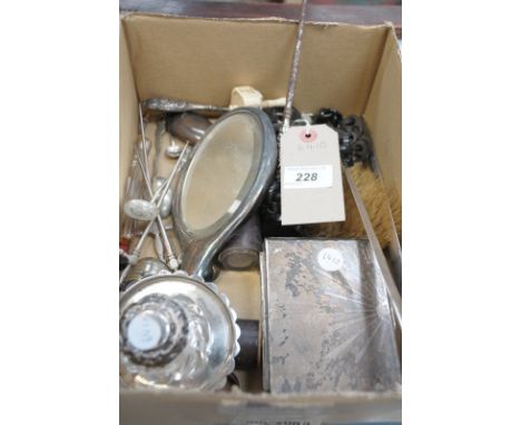 A Box of white metal , silver and sundry items including a silver handled button hook, silver topped perfume bottle, cigarett