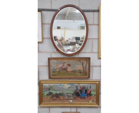Needlework picture coaching scene a second of a hunting scene and an oval wall mirror. (3)