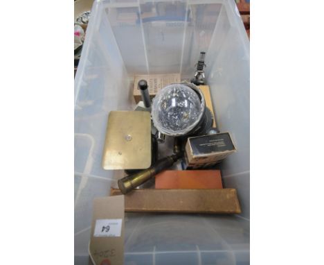 A Box of sundry items including an early 20th century brass 3 draw telescope, vintage scales, boxed students microscopes, oth