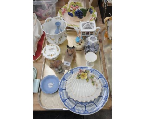 A Tray of decorative ceramics including a fruit pattern jug and bowl, Aynsley vase and trinket box, Beatrix Potter musical fi