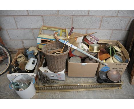A Qty of sundry items, vintage scales, old glass bottles, brass fender, brass ships wall barometer, old tins, enamelled pots,