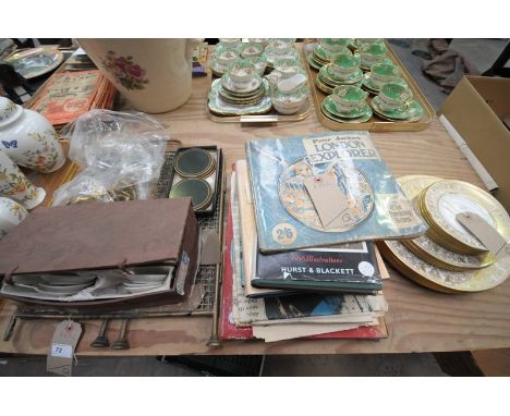 A Boxed nursery tea set, brass folding spark guard, brass wall mounted coat hooks, assorted books including Capt M Horace Hay