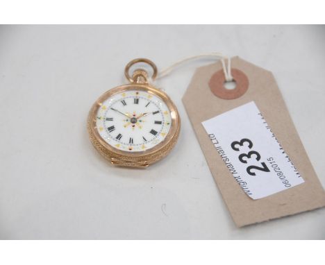 An early 20th Century continental ladies pocket watch
With a 3cm white enamel dial with a jewelled centre and outer border, f
