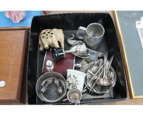 A White metal open work dish, plated 2 handled trophy cups, a carved stone figure of an elephant, white metal items, hip flas