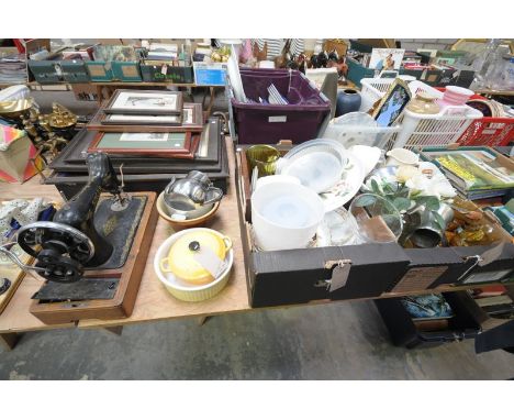 A Singer sewing machine, kitchenalia including a Picquot Ware tea set.( 2 Boxes )