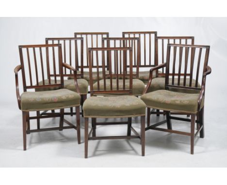 A set of eight 19th Century Sheraton style mahogany dining chairs
Each with fluted rectangular backs with foliate angles encl