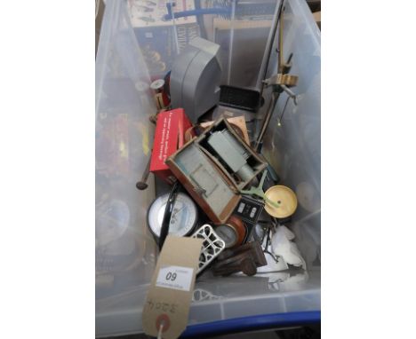 A Box of sundry items including various compasses , vintage address stamps, weights, other assorted instruments, scales, etc