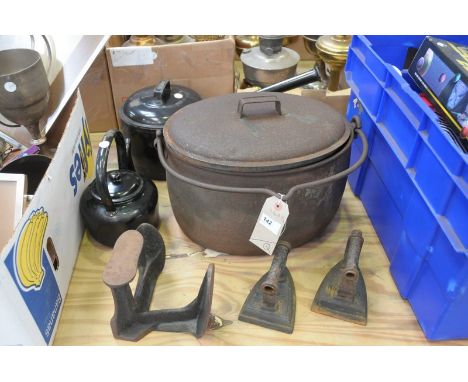 A Vintage " Judge " enamelled pan and cover, enamelled kettle, swing handled iron fish kettle and cover, flat irons and cobbl