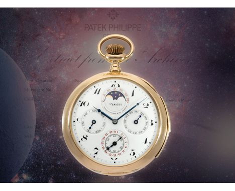 Bedeutende Patek Philippe Gold/Emaille-Taschenuhr mit 7 Komplikationen, Genf 1922, mit Stammbuchauszug: Ca. Ø53,5mm, ca. 133g