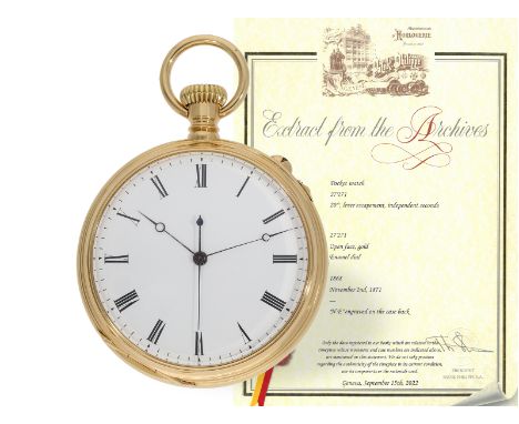 Taschenuhr: technische Rarität, Patek Philippe Seconde Morte, Versuchsserie von 1868, No. 27271, mit Stammbuchauszug: Ca. Ø 5