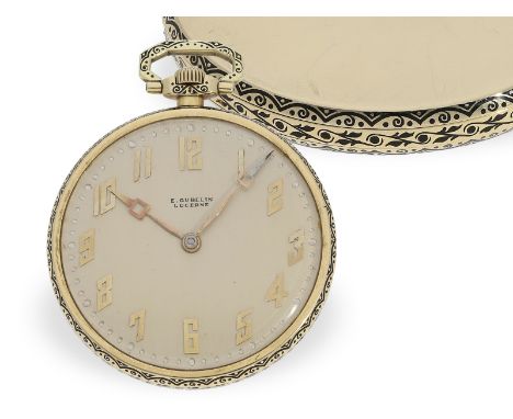 Taschenuhr: attraktive Gold/Emaille Frackuhr von Gübelin, verm. Kaliber Patek Philippe, ca. 1920: Ca. Ø 42mm, ca. 44g, 14K Go