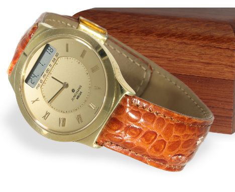 Armbanduhr: seltene Junghans Mega in Gold, Ref 25/9110 von 1980 mit Originalbox und Originalpapieren: Ca. 38 × 39mm, äußerst 