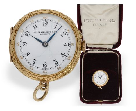 Anhängeuhr: Miniatur-Anhängeuhr, Patek Philippe Genf um 1900: Ca. Ø 27mm, ca. 20g, 18K Gold, seltene Gehäuseausführung mit Re