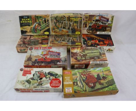 Ten boxed, unmade Airfix plastic model kits, to include Museum Models 1804 Steam Locomotive, Paddle Steamer Engine x2 &amp; B