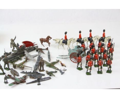 Quantity of vintage metal soldiers, figures, ships and planes featuring Dinky and Britains, play worn