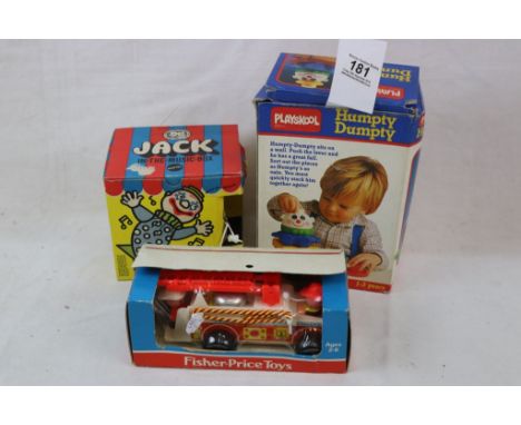 Three boxed toys to include sealed Fisher Price Fire Engine, Mattel Jack in the Music Box and Playskool Humpty Dumpty