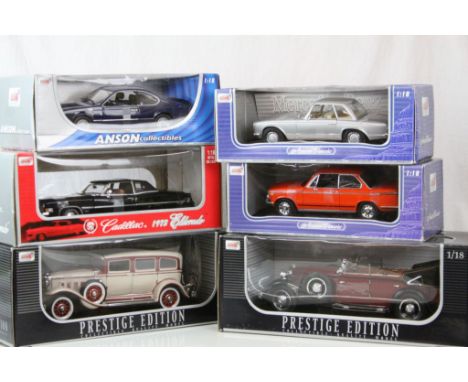 Six boxed 1:18 Anson diecast models to include Mercedes-Benz 280SL, SMW 2002, BMW 635 CSi, 1973 Cadillac Eldorado, Prestige E