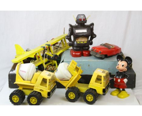 Group of toys and vehicles to include plastic GWDP Mickey Mouse, Japanese battery operated robot, 2 x Buddy L cement mixers e