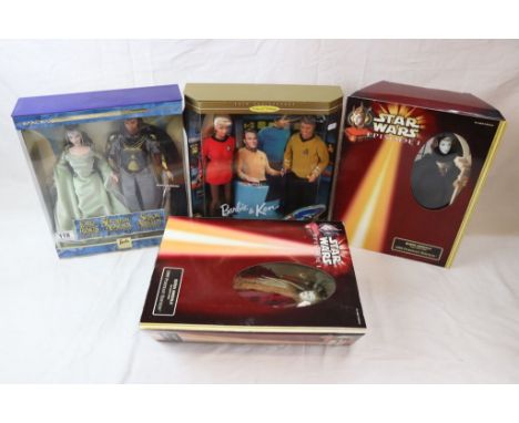 Four boxed Film/TV related dolls to include Mattel 15006 Barbie &amp; Ken Star Trek gift set, Mattel B3449 The Lord of The Ri