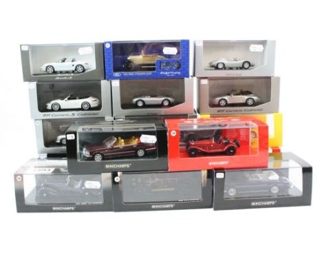 17 boxed / cased Minichamps 1:43 metal models, to include Ford Model A Standard Coupe 1928, Porsche 718 RS 60 Spyder, Audi Fr