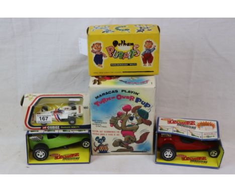 Five boxed toys to include 2 x Tonka 270 (one green, one red), Corgi 160 Hesketh 308 Formula 1 Racing=g Car, Pelham Puppet Mo