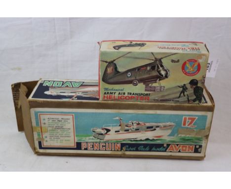 Boxed Marx Mechanical Army Air Transport Helicopter (gd) plus a boxed Penguin 17" Super Scale Model 'Avon' in need of repair 