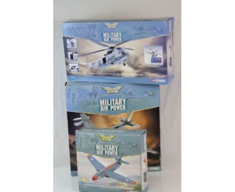 Three boxed Corgi The Aviation Archive Military Air Power diecast models to include 2 x 1:72 featuring AA32705 ltd edn Hawker