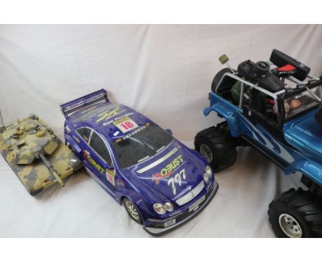 Three large r/c vehicles to include New Ray Jeep, Tank and Mercedes style Touring car