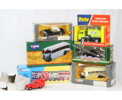 Seven boxed diecast models to include Dinky 449 Johnston Road Sweeper, Corgi Grey Green Coaches etc