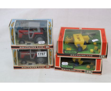 Two boxed Britains 9522 Massey Ferguson 595 Tractor models plus 2 boxed Britains Farm Implements 9563 Hay Baler models, all u