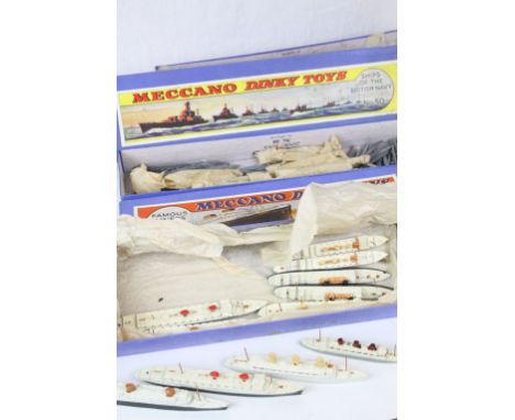 Two boxed Meccano Dinky Ships of the British Navy No 50 A1029 diecast sets plus a boxed Meccano Dinky Famous Liner set No 51 