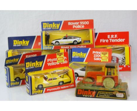 Seven boxed Dinky Toys diecast models to include 2 x No.266 E.R.F Fire Tender, No.192 Range Rover, No.123 Princess 2200HL Sal