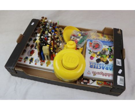 Lego - Over 50 Minifigures on custom built stand to include Star Wars, Chima, Monsters etc plus 3 x yearbooks, Lego Head scal
