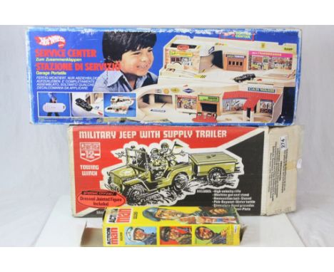 Boxed Cherilea Action Man Jeep, boxed Palitoy Action Man (loose head) and a boxed Mattel Hot Wheels Service Center (3)