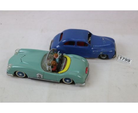 Chad Valley clockwork tin plate Harborne with key (some paint loss) and a Chinese tin plate convertible in gd condition with 